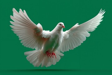 Obraz premium A white dove flying through the air with its wings spread