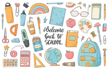 Back to school doodles, cartoon school supplies collection for stickers, cards, prints, banners, stationary and social media decor. EPS 10