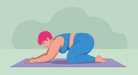 Woman practicing child pose yoga exercise in blue outfit on purple mat for relaxation and stretching 
