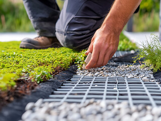 Gardener Installing Moss and Gravel in a Landscape Design