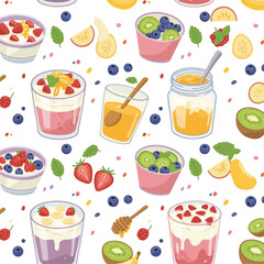 This colorful and delightful image displays a pattern of fruits, yogurts, and smoothies.