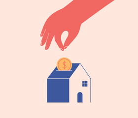 Hand puts a coin into small house piggybank. Person Investing money in real estate property. Loan, rent and mortgage concept. Flat Vector Illustration.