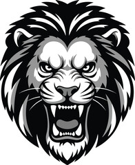 Obraz premium Angry lion roars with sharp teeth and intense eyes in a black and gray illustration.