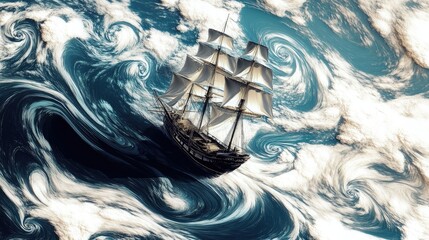 Bold black ship in white swirling waves. Ocean illustrated with flowing spirals and cloudy patterns in this fantasy marine scene.