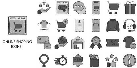 Online Shopping simple concept 24 hand drawn Grew color icons set .Vector illustration.