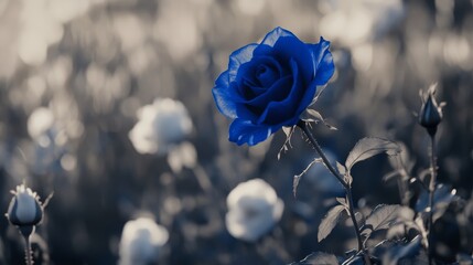 Blue rose among white roses in oil painting style on soft background.