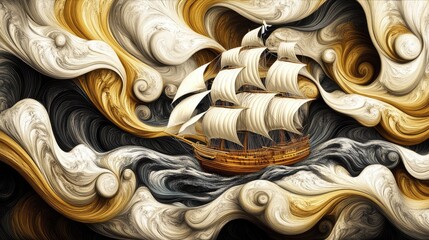 Bold sailing ship braving a sea of infinite curls, loops, and swirls. Surreal ocean made of pattern and imagination.