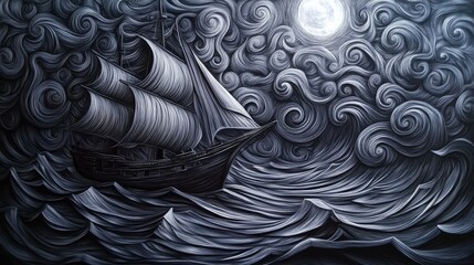 Dark sailing ship journeys across surreal ocean waves drawn with thousands of tiny curls and stylized swirls.
