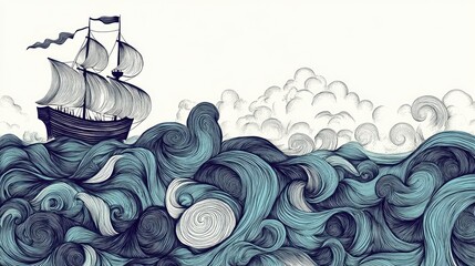 Dark sailing ship journeys across surreal ocean waves drawn with thousands of tiny curls and stylized swirls.