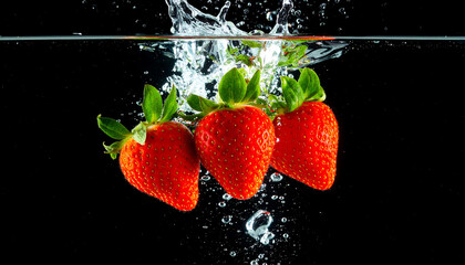 Three fresh strawberries splashing in crystal-clear water