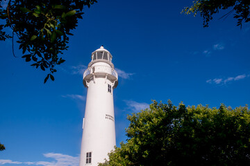 Blue sky and navy lighthouse on Ilha do Mel, Paran&aacute;, Brazil