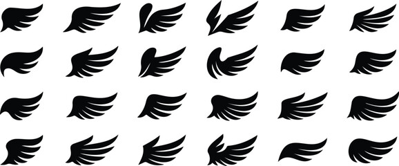 Elegant wing logo icon set in minimal black silhouette style featuring symmetrical and graceful vector design elements