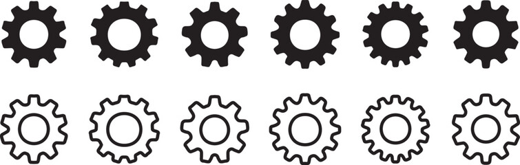 Gear and cogwheel vector icon set, cartoon stye gear set, in black silhouette featuring industrial, mechanical and engineering designs