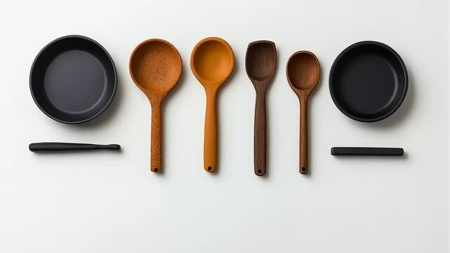 Elegant kitchenware flat lay presenting diverse spoons and pans on white background
