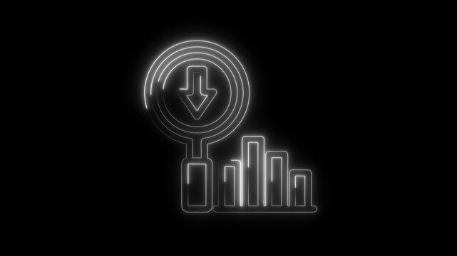 Neon stock market analysis with downward trend arrow and bar graph on black