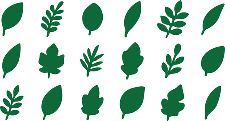 Leaf silhouette icon set in flat green style with botanical shapes for nature, forest, eco and organic themes
