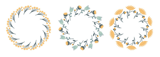 Set of circular frames. Spring-summer floral composition. Wreath with flowers and leaves for invitations, greeting cards, wedding themes.