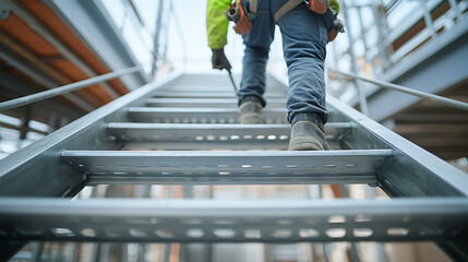 Construction Worker Ascending a Metal Ladder