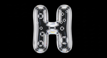 Soap bubble letter h floating on black background