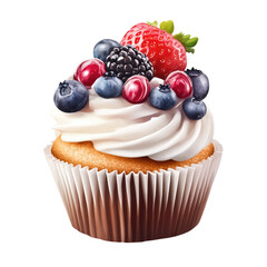 A cupcake with white frosting and berries including a strawberry blueberry and blackberry on top view close up