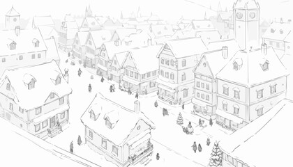 Obraz premium Charming winter village scene with snow-covered houses and people strolling through a festive market