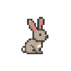 Obraz premium Pixel art rabbit with pink ears sitting in a playful pose 