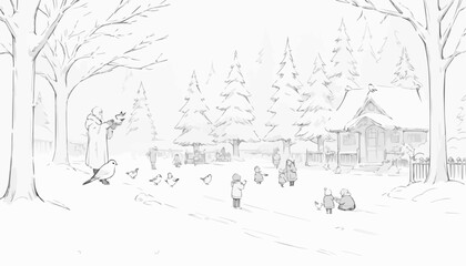 Obraz premium Children playing in the snow and feeding birds in a peaceful winter landscape