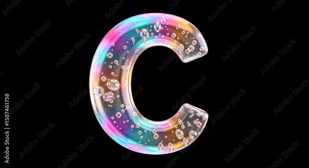 Aufkleber iridescent soap bubble letter c floating on black background