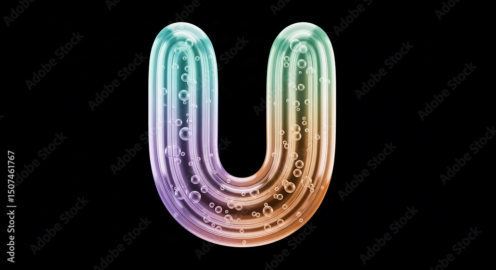 Aufkleber Rainbow gradient letter u with bubbles floating on black background