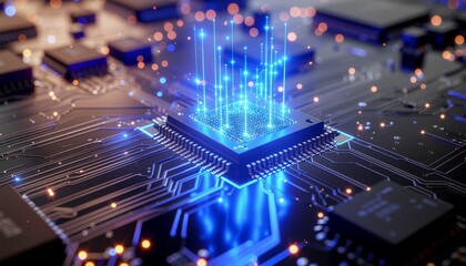 Obraz premium Glowing microchip with data lines on futuristic circuit