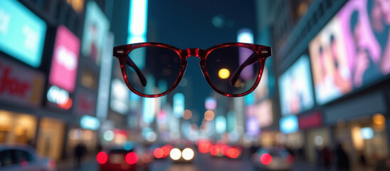Stylish sunglasses float in a vibrant cityscape filled with glowing billboards, capturing the essence of urban nightlife and contemporary fashion.