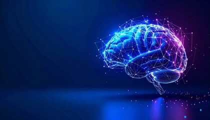 Glowing digital brain with neural network on blue background