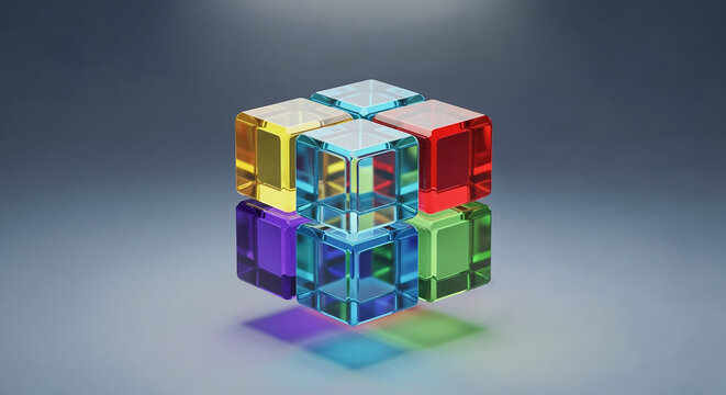 Colorful glass cubes forming a larger cube structure