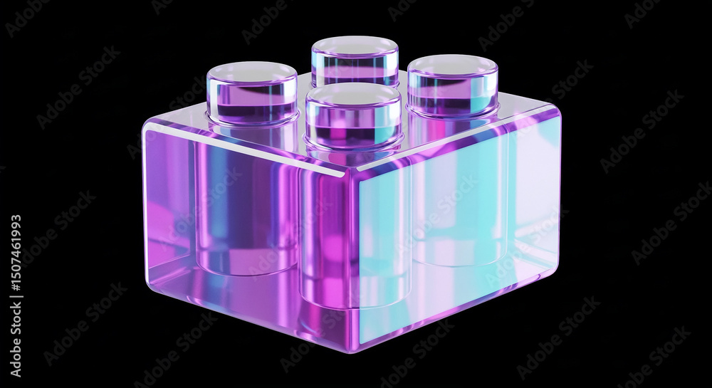 Poster Glass building block glowing on black background