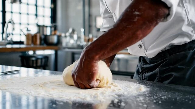 professional pastry chef kneading dough in modern kitchen