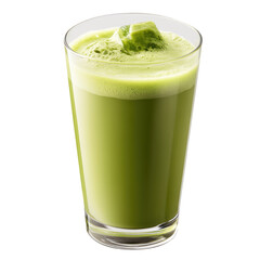 A glass of green matcha latte with ice cubes on top against a dark black solid color background image