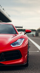 Fototapeta premium Red Sports Car wallpaper – High-Performance Supercar Front View with Aerodynamic Design, LED Headlights, and Racing Spoiler