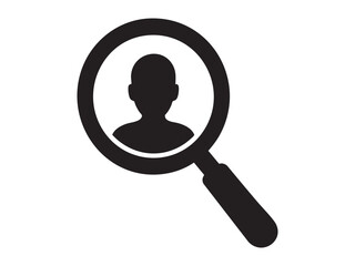 black magnifying glass with user silhouette inside, isolated on white background, vector illustration. Concept of profile search, candidate selection, user identification design element