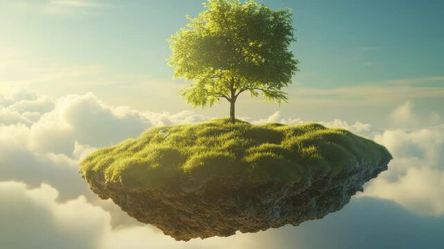 Floating island with a tiny sapling surrounded by drifting clouds, bright sky gradients and soft windswept grass glowing in sunlight