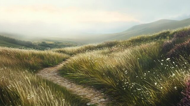 foggy moorland with tall grasses, winding footpath, heather blooms, and soft morning light filtering through low mist,