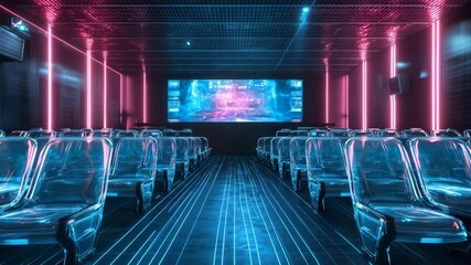 Futuristic hologram screening room with glowing transparent seats, neon grid floor, and digital panels illuminating a dark metallic interior - Powered by Adobe
