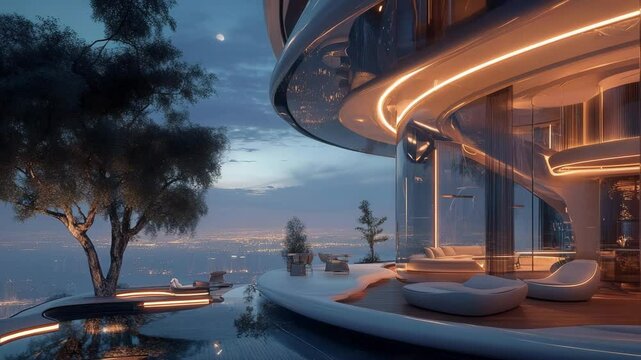 Futuristic sky hotel with panoramic glass walls, floating seating pods, soft neon edges, and AI-controlled lighting scenes