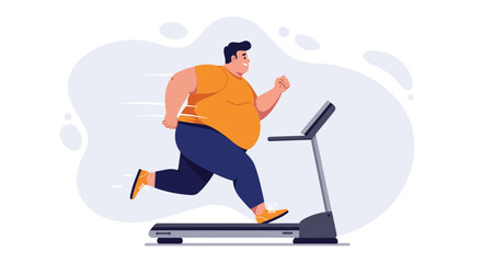 Overweight man running on treadmill exercising for fitness and health improvement in modern gym vector illustration 