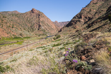 Arkansas River flowing through Royal Gorge Canyon next to railroad tracks, Colorado