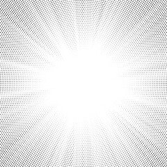 Halftone gradient sun rays pattern. Abstract halftone vector dots background. monochrome dots pattern. Vector background in comic book style with sunburst rays and halftone. Retro pop art design.