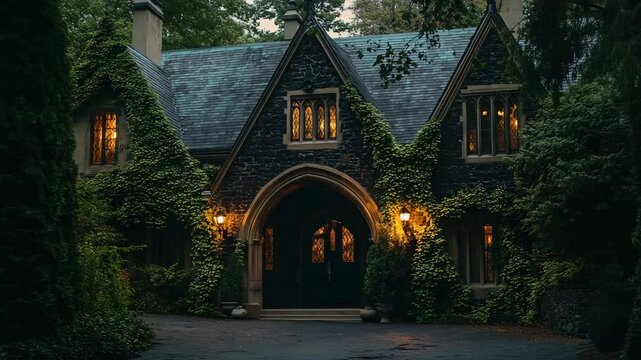 Gothic revival estate with pointed arches, black stone facade, ivy walls, and torch-style lighting near entrance