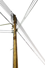  a wooden pole with electric power lines and wires isolated on white background