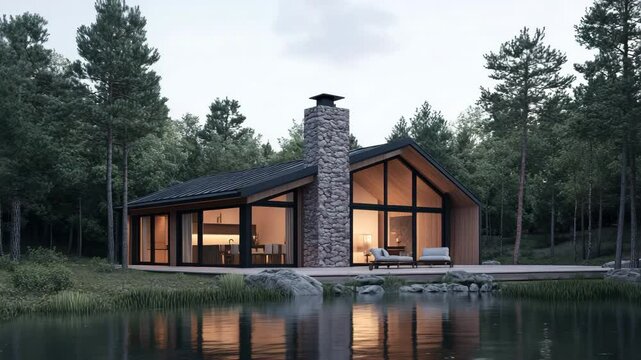 lakeside cabin with cedar siding, stone chimney, wide overhangs, and floor-to-ceiling windows reflecting calm water and surrounding pine forest,