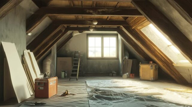 Large attic space with wooden rafters, drywall sheets leaning on wall, toolbox open on tarp-covered floor