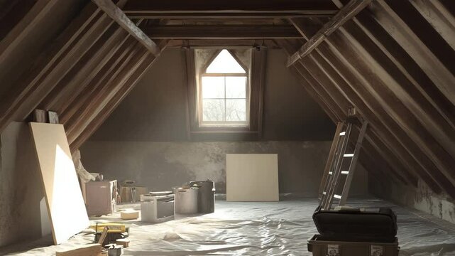 Large attic space with wooden rafters, drywall sheets leaning on wall, toolbox open on tarp-covered floor